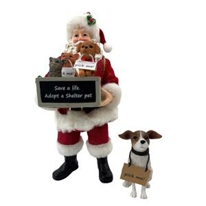Kurt Adler Adopt-A-Pet Santa With Dog & Cats 2 PC Set "Pick Me" Fabriche Boxed